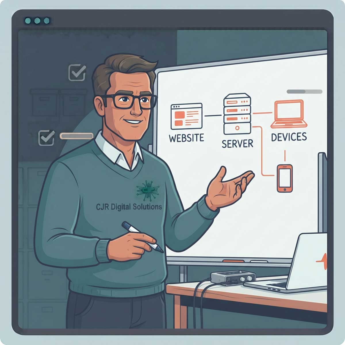 Illustration of Collin Richard explaining a simple network diagram at a whiteboard.