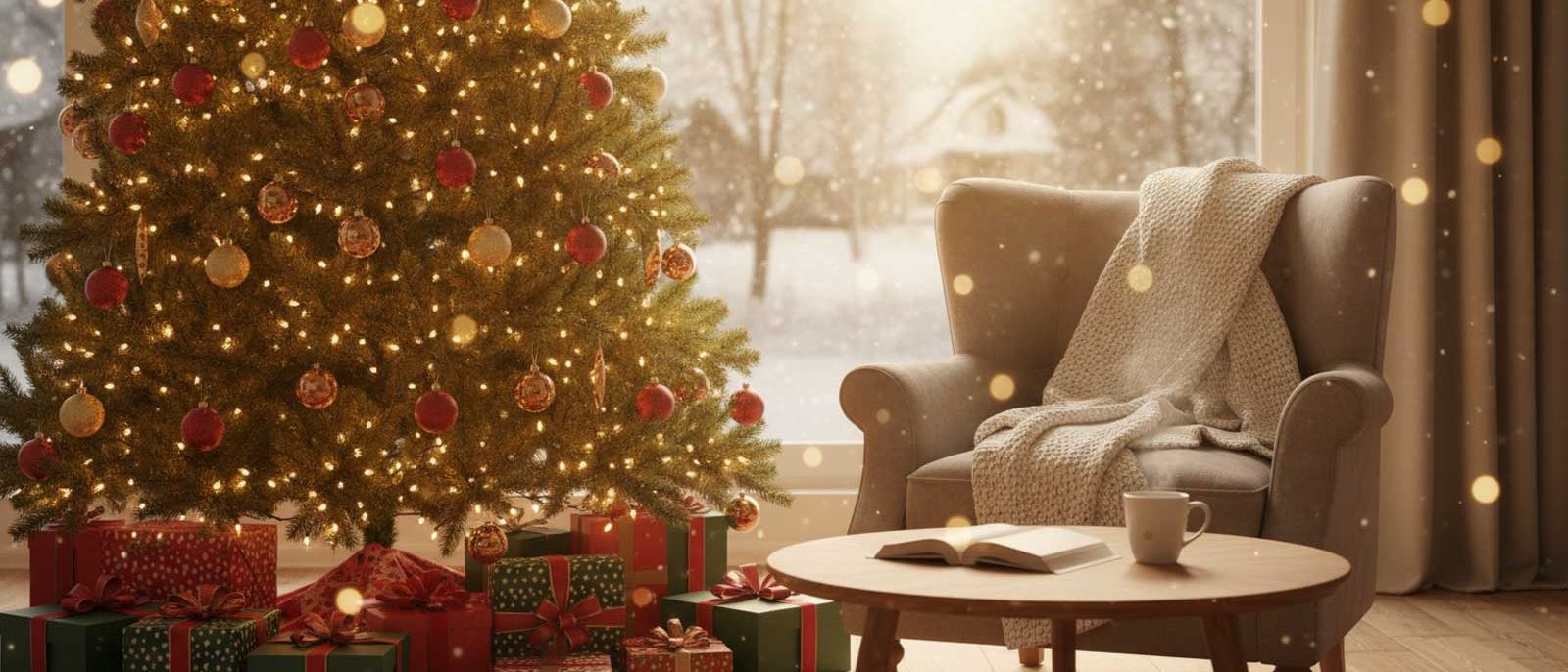 Christmas holiday scene with wrapped gifts under a lit tree