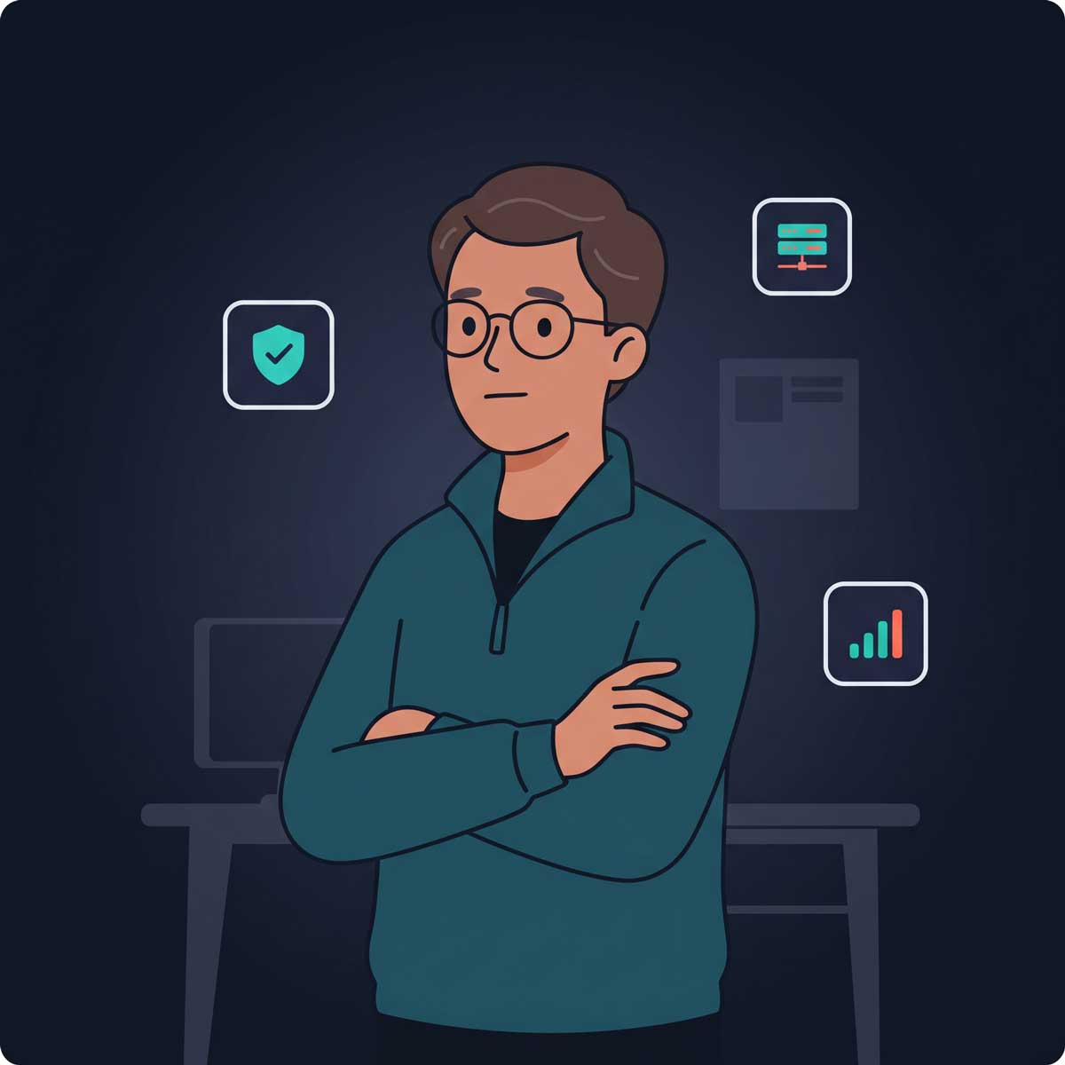 Illustration of Collin Richard, confident and ready to help, surrounded by icons representing security, servers, networking, and hardware.