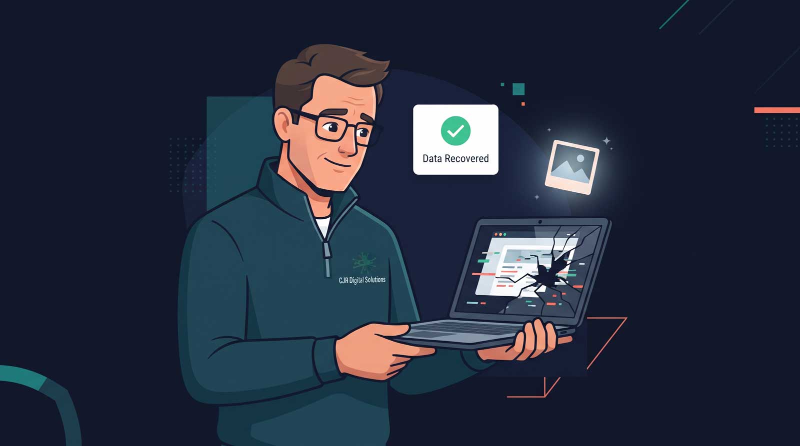 Illustration of a cracked laptop screen being repaired, with recovered family photos confirmed.