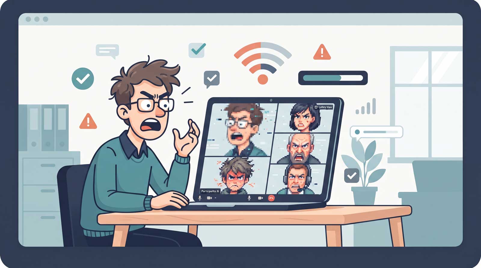 Illustration of poor Wi-Fi connectivity during a video call.