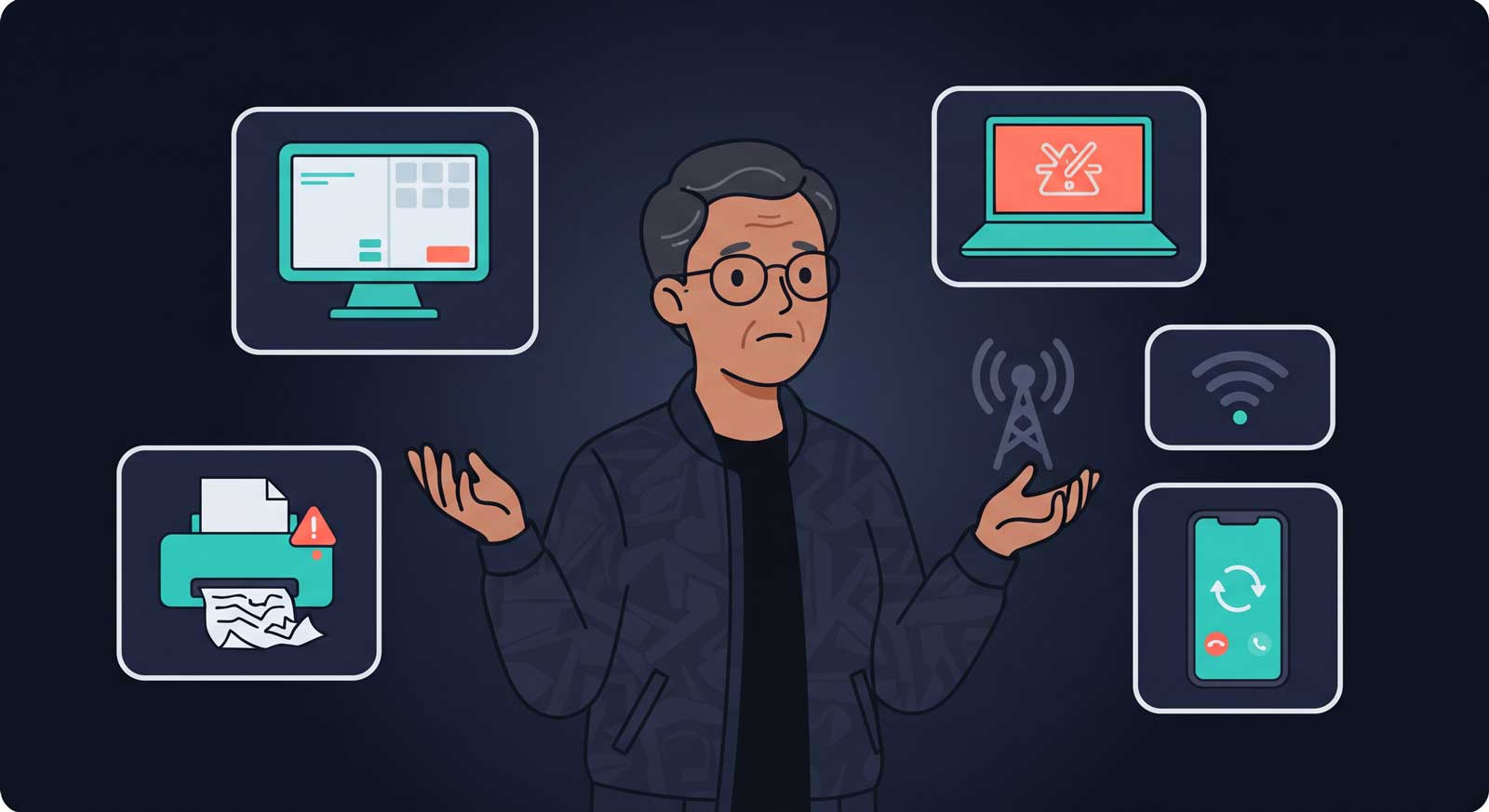 Illustrated dashboard of common IT emergencies CJR Digital Solutions resolves — broken point-of-sale systems, sites down, vanished IT support, laptop procurement, printer trouble, bad Wi-Fi, domain lockouts, new hire setup, vendor audits, shared passwords, and office moves.